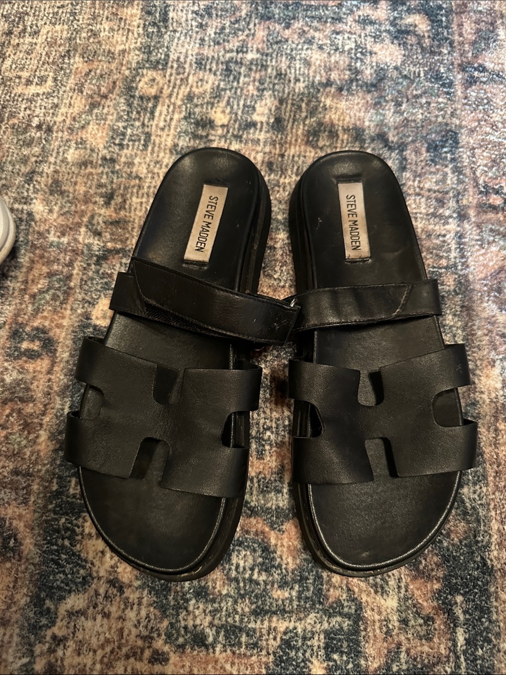Steve Madden Black Leather Double-Strap Slide Sandals